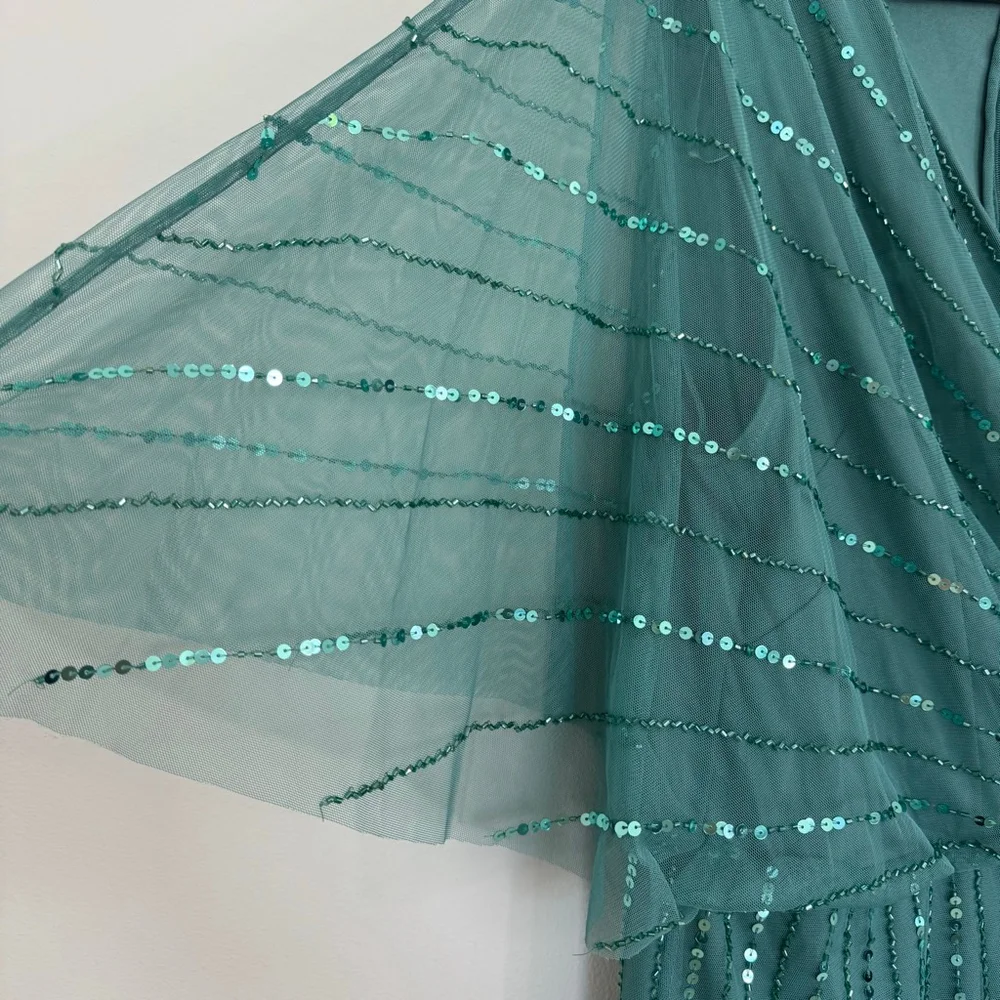 ADRIANNA PAPELL STUDIO Sequin Beaded Flutter Sleeve Cocktail Dress Green Size 20 - Picture 7 of 10